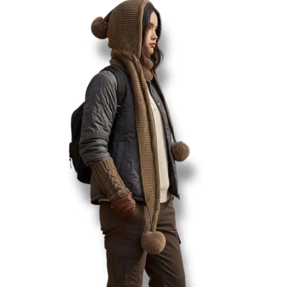 Brown Knitted Hooded Scarf Faux Fur Pom Pom Winter Beanie Scoodie NWT